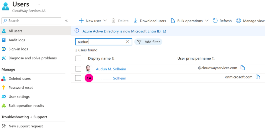Entra ID screenshot showing two users for same person.